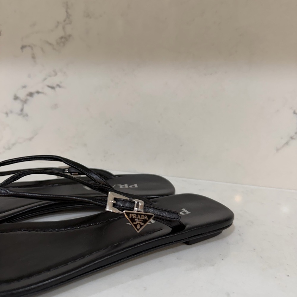 Prada Black Thong Sandals with Silver Logo Charm - Picture 4 of 6